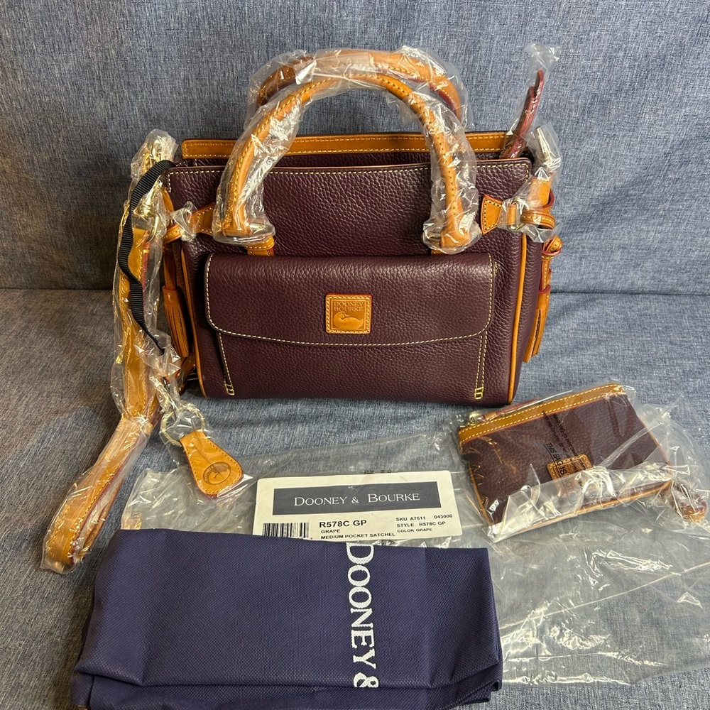 Dooney & Bourke grape and Tan Leather Satchel with wallet- brand new